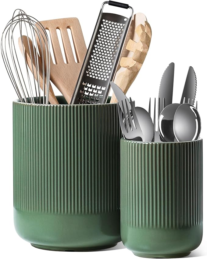 LE TAUCI Utensil Holder for Kitchen Counter, 7.3"+5.4" Fluted Ceramic Utensil Crock Organizer for Countertop, Heavy Large Holder for Spatulas, Spoons, Set of 2, Forest Green by LETAUCI