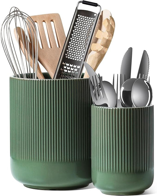 LE TAUCI Utensil Holder for Kitchen Counter, 7.3"+5.4" Fluted Ceramic Utensil Crock Organizer for Countertop, Heavy Large Holder for Spatulas, Spoons, Set of 2, Forest Green by LETAUCI