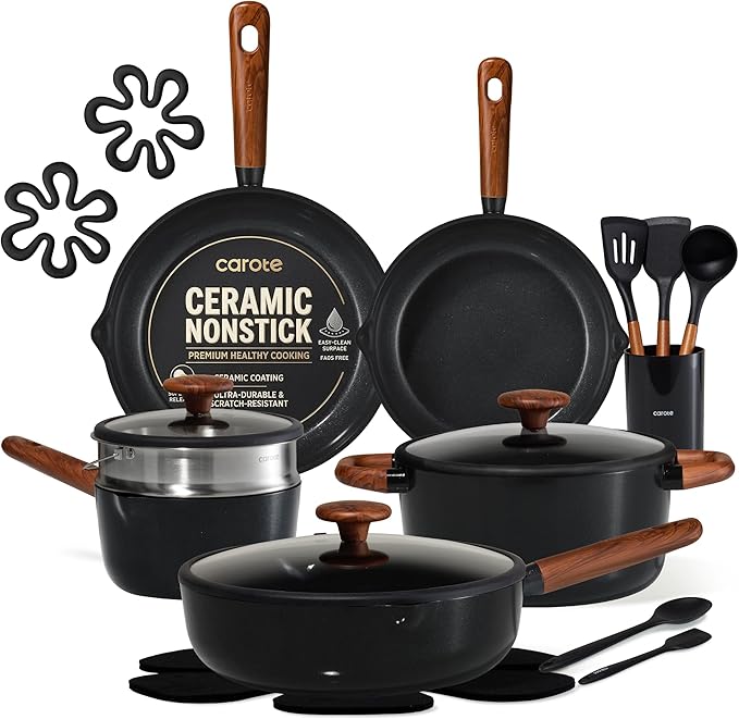 CAROTE 21pcs Cookware Set Nonstick Pots and Pans Set, Ceramic Cookware Set Induction Cookware, Non toxic Healthy Non Stick Kitchen Cooking Set, PFAS PTFE Free, Black by CAROTE