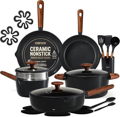 CAROTE 21pcs Cookware Set Nonstick Pots and Pans Set, Ceramic Cookware Set Induction Cookware, Non toxic Healthy Non Stick Kitchen Cooking Set, PFAS PTFE Free, Black by CAROTE