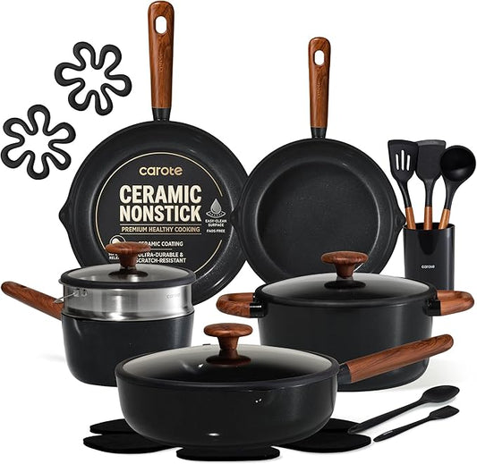 CAROTE 21pcs Cookware Set Nonstick Pots and Pans Set, Ceramic Cookware Set Induction Cookware, Non toxic Healthy Non Stick Kitchen Cooking Set, PFAS PTFE Free, Black by CAROTE