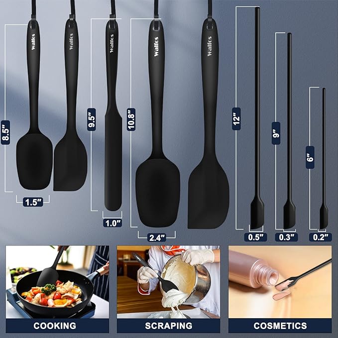 Walfos Silicone Spatula Set of 8(600°F）- Heat Resistant Kitchen Silicone Scraper Spatulas & Mini Spatulas, One-Piece Seamless Design, Perfect for Cooking Mixing & for Non-stick Cookware,black - Image 4
