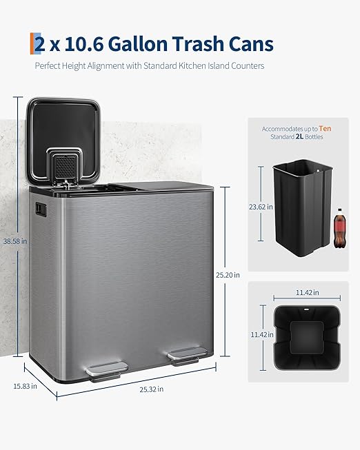 Garvee Double Trash Can, 2 x 10.6 gal (2 x 40 L) Garbage Can for Kitchen Dual Compartment Recycling Kitchen Step Trash Bin, Stainless Steel Trash and Recycle Bin Combo with Soft-Close Lid,Matte Grey - Image 6