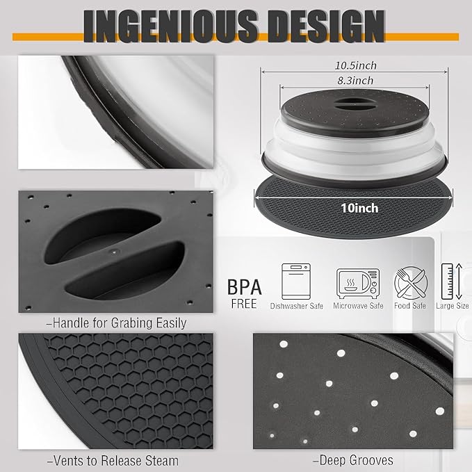 Microwave Splatter Cover & Silicone Mat – Collapsible, Vented, Reusable Food Guard and Plate Cover with Heat-Resistant Trivet for Pots, Pans, and Kitchen Counter, Black - Image 2