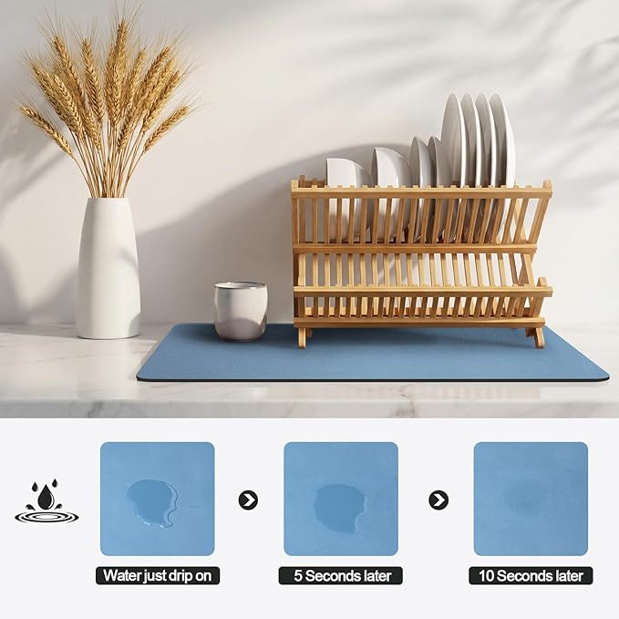 Ecotrim - Dish Drying Mat for Kitchen Counter | Coffee Bar Mat for Countertops | Heat Resistant Drainer Mat with Non-slip Rubber Backed | Hide Stain Kitchen Absorbent Draining Mat | Blue 16"x24" - Image 4