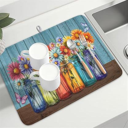 Vintage Floral Dish Drying Mat for Kitchen Counter Rustic Flower Vases Wooden Board Microfiber Dish Drainer Mat Spring Summer Absorbent Washable Drying Pad Extra Large 18"x24"