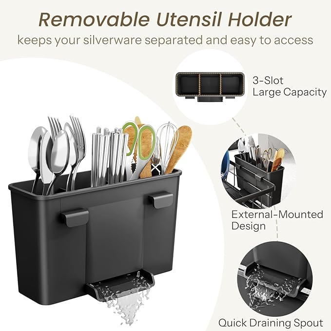 SNTD Dish Drying Rack - Space-Saving Dish Rack for Kitchen Counter, Stainless Steel Dish Drainer with Utensil Holder and Drainboard, 11" W x 15" L (Black) - Image 9