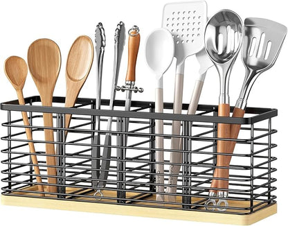 Kitchen Cooking Utensil Holder for Kitchen Counter,4 Large Black Compartments with Wooden Base utensil caddy,Rustic Style Utensil Utensil Organizer for Farmhouse Kitchen Countertop