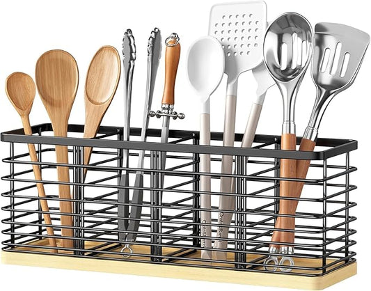 Kitchen Cooking Utensil Holder for Kitchen Counter,4 Large Black Compartments with Wooden Base utensil caddy,Rustic Style Utensil Utensil Organizer for Farmhouse Kitchen Countertop