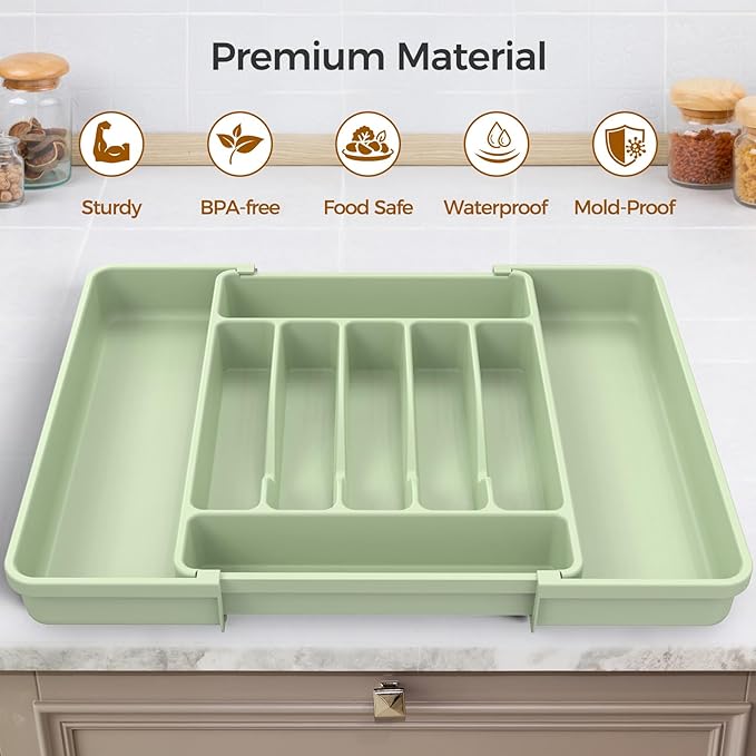 ukeetap Extra Large Expandable Silverware Organizer, BPA-Free Food-Safe Cutlery Flatware Organizer, Kitchen Utensil Drawer Organizer, Adjustable Silverware Holder for Spoons Forks Knives, Green - Image 4
