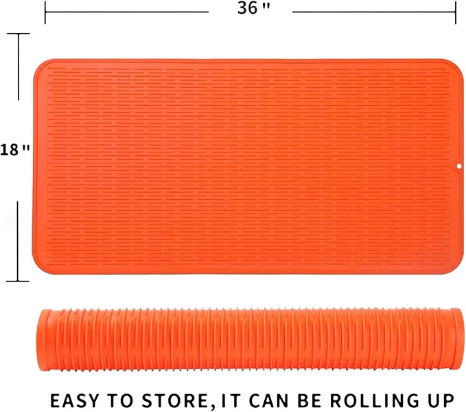 MicoYang Silicone Dish Drying Mat for Multiple Usage,Easy clean,Eco-friendly,Heat-resistant Silicone Mat for Kitchen Counter or Sink,Refrigerator or Drawer Liner Orange 5XL 36inches x 18inches - Image 2