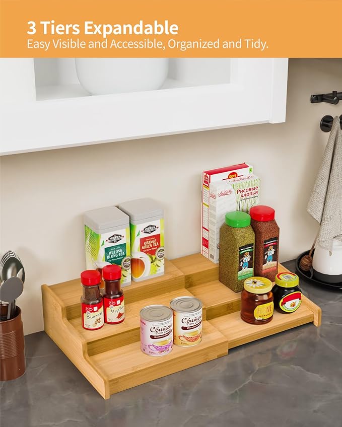 VenDotbi Spice Rack, 3-Tier Expandable Bamboo Spice Rack Organizer for Cabinet, Kitchen, Pantry and Cupboard Storage Organizer(2pack) - Image 3