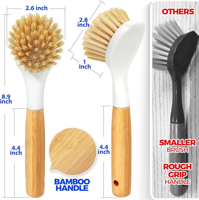 Holikme 3 Pack Dish Brush Set with Bamboo Handle, Kitchen Cleaner for Cleaning Pot, Pan, Sink and Stove, Scrubber with Medium Bristles, Yellow - Image 6
