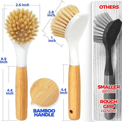 Holikme 3 Pack Dish Brush Set with Bamboo Handle, Kitchen Cleaner for Cleaning Pot, Pan, Sink and Stove, Scrubber with Medium Bristles, Yellow - Image 6