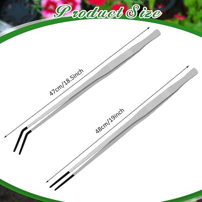 Lasnten 2 Pcs Extra Long Stainless Steel Reptile Feeding Tongs with Rubber Tip 18.5 Inch, 18.9 Inch Bearded Dragon Aquarium Straight and Curved Long Tweezer Terrarium Feeder Tool for Tank(Silver)