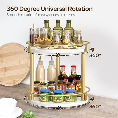 YATINEY Lazy Susan Organizer, Rotating Spice Rack, 2 Tier Spice Turntable Organizer, Industrial Turntable Spice Holder, for Kitchen Countertop and Cabinet, Compact and Versatile, White and Gold SR22DW - Image 4