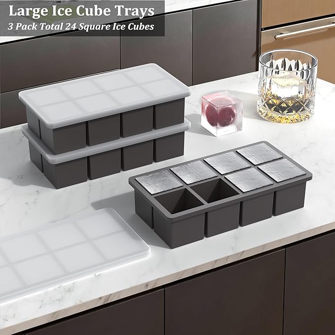 Bangp Silicone Ice Cube Trays with Metal Reinforced Frame(3 Pack),Large Ice Cube Tray with Lid,Easy Release Whiskey Ice Cubes Mold,Ice Trays for Freezer,Stackable Ice Cube Tray(Grey) - Image 2