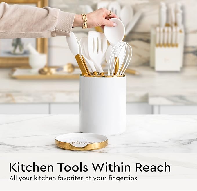 White Utensil Holder with Built-In Ceramic Spoon Rest - 2-Piece Luxe White and Gold Spatula Holder with Gold Spoon Rest for Countertop Organization - Stylish Kitchen Accessory, Utensils Not Included - Image 7