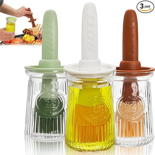 3 Pack 200 ml Oil Dispenser with Brush, 3 IN 1 Glass Olive Oil Dispenser Bottle, Heat Resistant Silicone Basting Brush for Kitchen, Cooking, BBQ, Grilling, Frying, Baking, Sauce