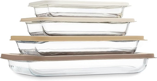COOK WITH COLOR 8 PC. Glass Baking Dish Set with Lids - Deep Casserole Dish, Glass Food Container, Oven, Freezer and Microwave Safe, Clear Container, Brown by CookwithColor