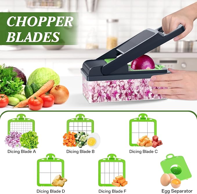 HomeHacks Vegetable Chopper Vegetable Cutter, 15 in 1 Kitchen Gadget, Dicer, Slicer, Onion Cutter, Salad, Cheese Grater & Egg Separator - Multi-Functional Veggie Chopper Lid with Handle (Green) - Image 2