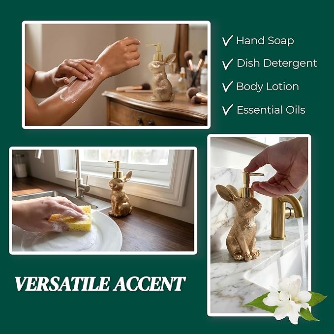 Gold Bunny Soap Dispenser Set of 2 – Vintage Rabbit Hand & Dish Soap Dispensers for Kitchen Sink & Bathroom Vanity – Rust Proof Pump Lotion Bottles – Resin Animal Statues Home Decor, 8oz