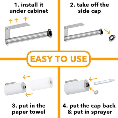 SpaceAid SprayNeat Paper Towel Holder with Spray Bottle, Under Cabinet Paper Towels Holders with Sprayer Inside Center, Hanging Wall Mount Papertowels Roller for Kitchen and Bathroom (Silver)