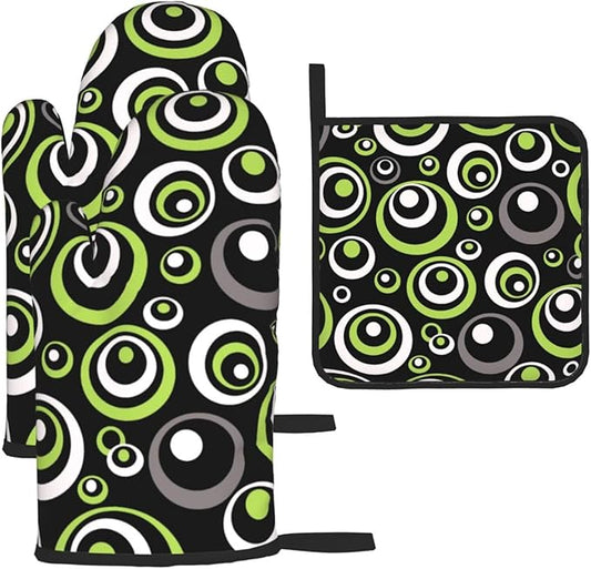 Black Green Retro - Geometric Oven Mitts and Pot Holders Set of 3, Non-Slip Heat Resistant Green and Black White Circle Pattern Kitchen Gloves for Cooking Baking Grilling, Gift for Women, Home Decor