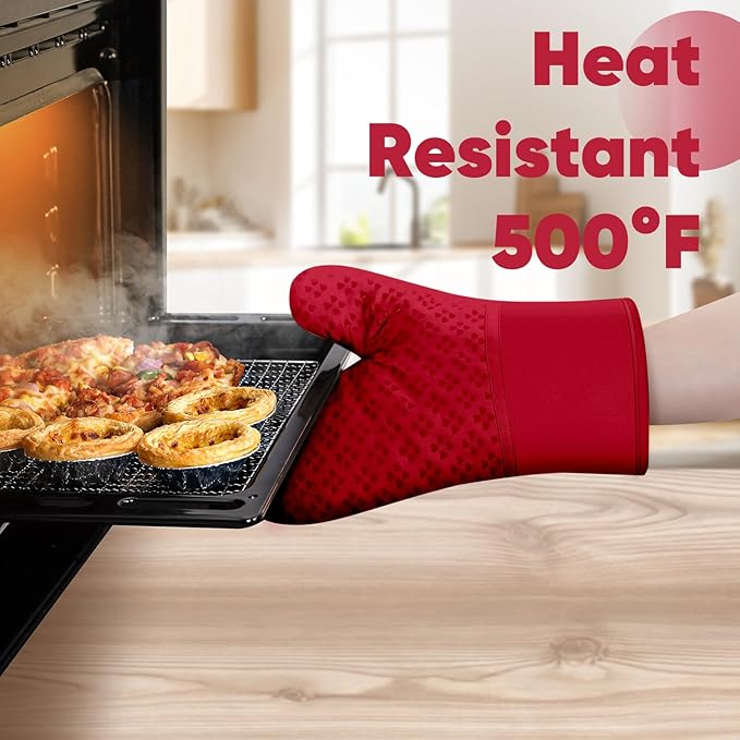 Oven Mitts and Pot Holders 4 Sets, Heat Resistant 500 ℉ Oven Mitt and Pot Holder,Oven Glove&Potholders with Non-Slip Silicone Surface,Kitchen Essentials for Cooking/Baking/BBQ-Red - Image 6