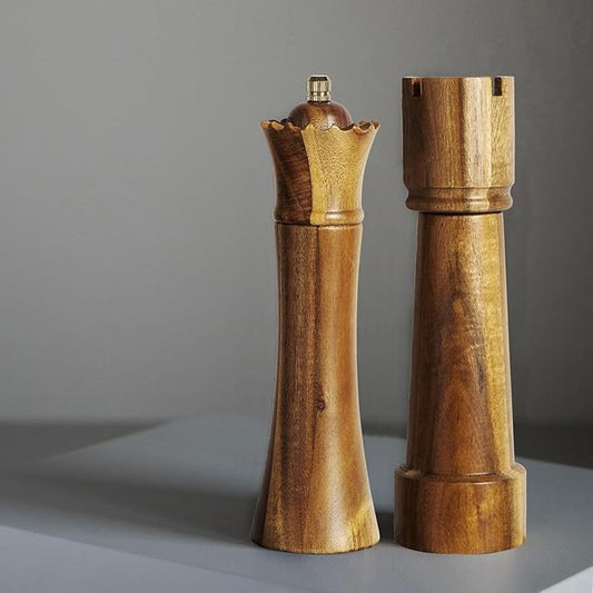 Wooden Salt and Pepper Grinder Set Chess Piece Design – Refillable Manual Spice Mills with Adjustable Coarseness, Ceramic Core Acacia Wood 8 Inches