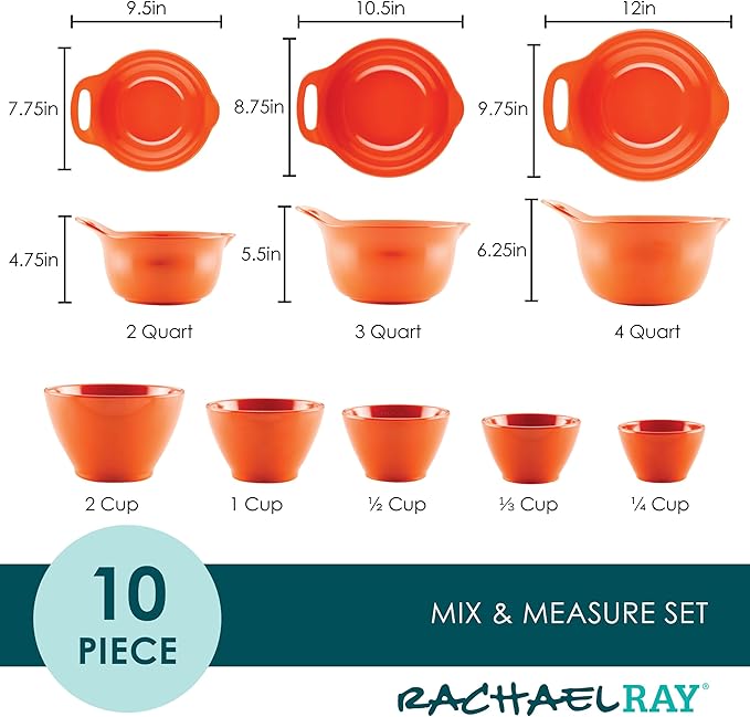 Rachael Ray Pantryware Mixing Bowl Measuring Cup and Utensil Set, 10 Piece, Orange - Image 2
