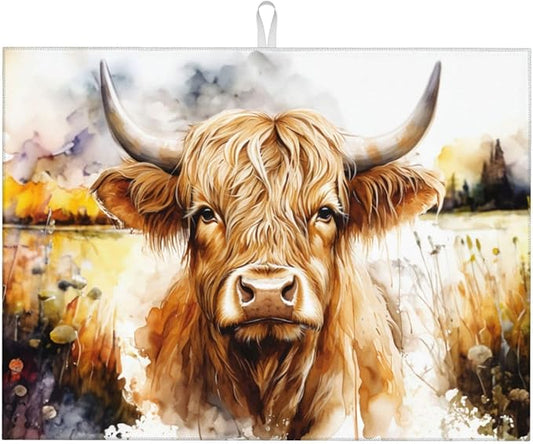 Watercolour Cow Head Dish Drying Mat XL Microfiber Kitchen Drying Mat Large Dish Drying Mats for Kitchen Counter Absorbent Quick Drying Pad 18x24 Inch
