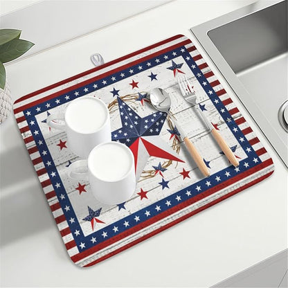 4th of July Patriotic Dish Drying Mat for Kitchen Counter Vintage Red and Blue Star Microfiber Dish Drainer Mat Country Absorbent Washable Drying Pad 16"x18"