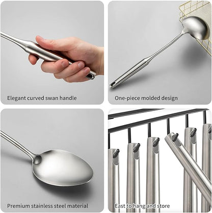 304 Stainless Steel Cooking Utensil,Kitchen Kitchen Utensil with Spatula, Solid Spoon, Ladle, Skimmer, Spaghetti Spoon, 6 Piece Set, Dishwasher Safe - Image 4
