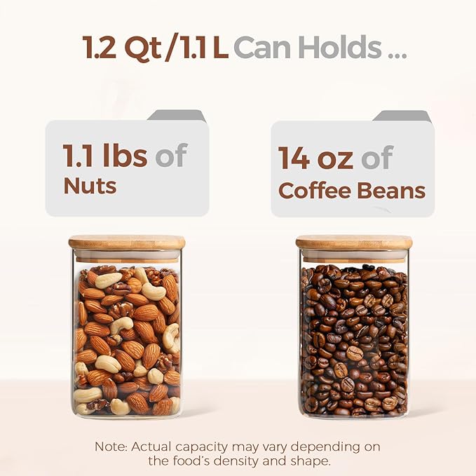 ComSaf 1.2 Qt Glass Storage Containers with Lids, Glass Jars with Lids, Clear Food Storage Jar, Square Canister Set of 9, Pantry Organizers and Storage for Cookie Flour Oat Pasta Tea Coffee Bean - Image 3