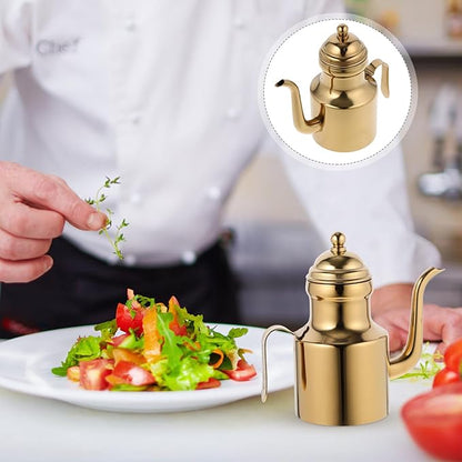 Garneck Gold Olive Oil Dispenser Bottle for Kitchen 11oz Stainless Steel Oil Storage Container With Long Spout Vinegar Grease Pot With Non- Slip Handle for Bbq Cooking Restaurant