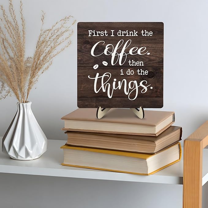 Vintage Coffee Bar Sign Plaque,Rustic Wooden Tabletop Plaque with Stand, Minimalist Farmhouse Kitchen Counter Sign for Coffee Station, Cute Mini Café Bar Decor Gift 5.9x5.9Inch - Image 7