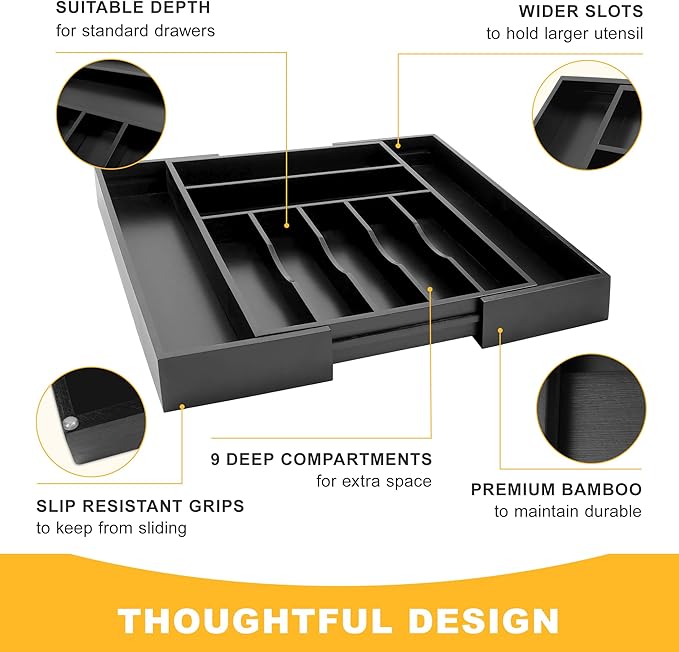 Large Premium Bamboo Silverware Organizer - Expandable Drawer Organizer & Utensil Organizer - 17"x19.7" Cutlery Tray with Dividers for Kitchen Utensils and Flatware (7-9 Slots) (Black) - Image 5