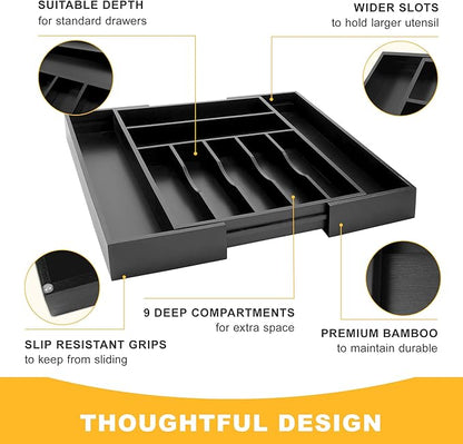 Large Premium Bamboo Silverware Organizer - Expandable Drawer Organizer & Utensil Organizer - 17"x19.7" Cutlery Tray with Dividers for Kitchen Utensils and Flatware (7-9 Slots) (Black) - Image 5