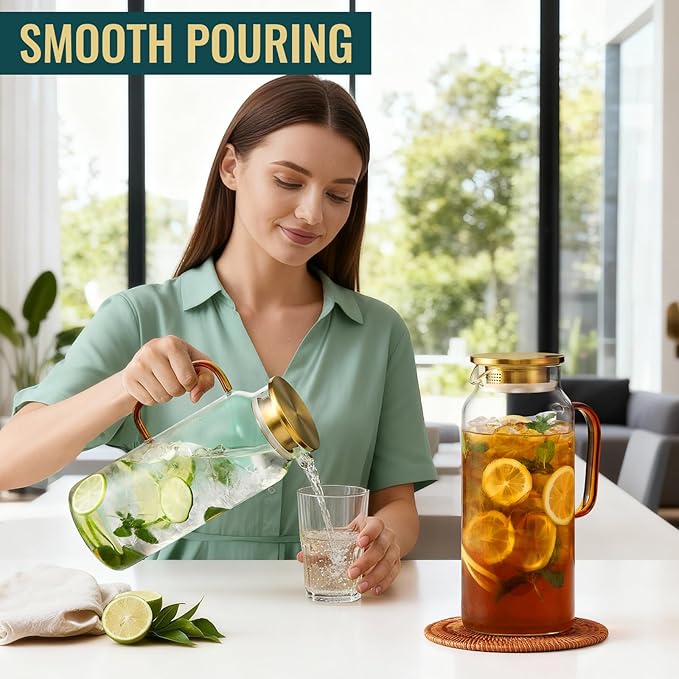 2 Pack 2 Liter/68 oz Glass Pitcher with Lid, Water Pitchers with Handle for Fridge, Large Jug for Iced Tea, Coffee, Borosilicate Glass Carafe for Hot/Cold Brew Drink and Homemade Beverage, Gold - Image 6
