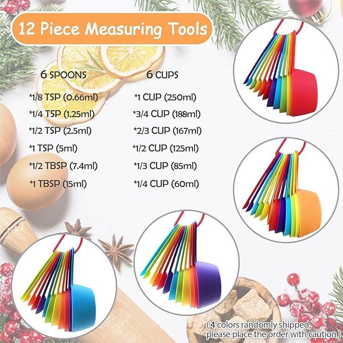 12 Piece Measuring Cups and Spoons Set, Colored Kitchen Measure Tools, Durable Nesting Cups and Spoons for Dry and Liquid, Dishwasher Safe (10) - Image 3