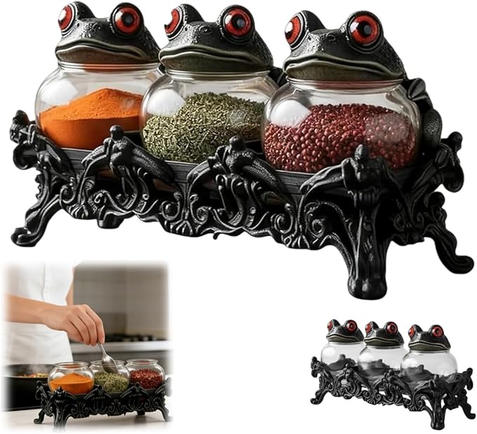 Witchy Frog Apothecary Spice Jars, Handcrafted Vintage Glass Storage Jars with Red-Eyed Frog Lids, Gothic Kitchen Herb Teas Food Storage Containers for Home Decor Fun Display (3-piece set) by Unknown
