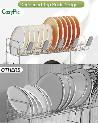 2 Tier Dish Drying Rack, Thicker Premium 304 Stainless Steel Dish Racks for Kitchen Counter, Automatic Drainage Spout, Dish Drainer & Drainboard Set with Utensil Holder and Cup Holder, Grey - Image 3