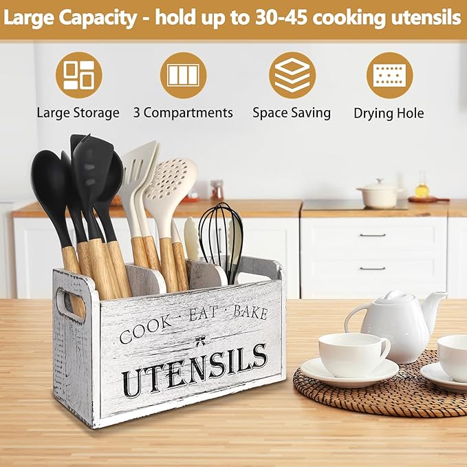 Farmhouse Kitchen Utensil Holder with 3 Compartments, Wooden Utensil Organizer for Countertop, Utensil Holder Rustic Cooking Utensil for Farmhouse Kitchen Decor - Image 2