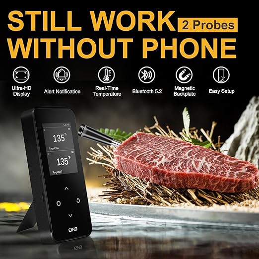 EIHO Wireless Bluetooth Meat Thermometer with 2 Ultra-Thin Probes, Smart Digital Food Thermometer 600FT Remote Range, Standalone Smart Base for Grill Smoker Roast Oven, Cooking Gifts - Image 2