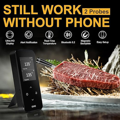 EIHO Wireless Bluetooth Meat Thermometer with 2 Ultra-Thin Probes, Smart Digital Food Thermometer 600FT Remote Range, Standalone Smart Base for Grill Smoker Roast Oven, Cooking Gifts - Image 2