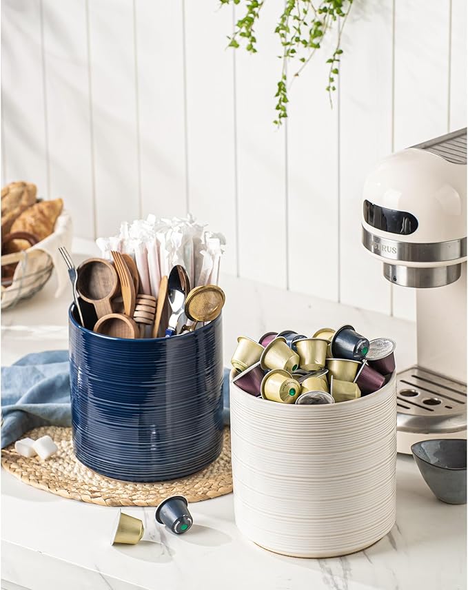 Large Utensil Holder for Kitchen Counter, 7.3” Ceramic Cooking Utensil Crocks for Spatula & Spoon, Farmhouse Kitchen Utensil Holder with Cork, Home Decor, Off-White