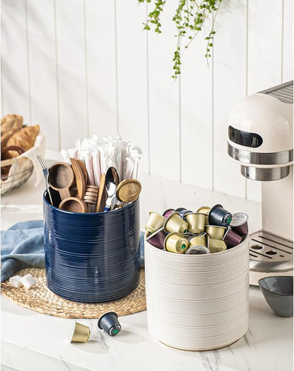 Large Utensil Holder for Kitchen Counter, 7.3” Ceramic Cooking Utensil Crocks for Spatula & Spoon, Farmhouse Kitchen Utensil Holder with Cork, Home Decor, Off-White
