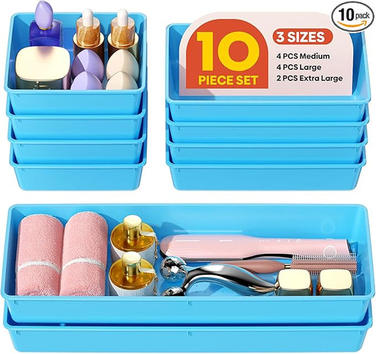 10 Pack Large Size Plastic Drawer Organizers Set, 3 Sizes Desk Drawer Organizer Trays, Storage Bins for Vanity, Makeup, Bathroom, Kitchen Utensils and Office (Blue)