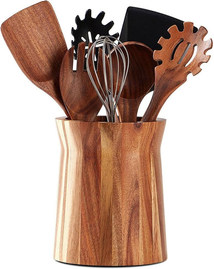 Wooden Utensil Holder for Countertop, 360° Rotating Kitchen Utensil Holder, 7.2"x 6" Large Acacia Wood Crock, Farmhouse Kitchen Decor by LOHONER
